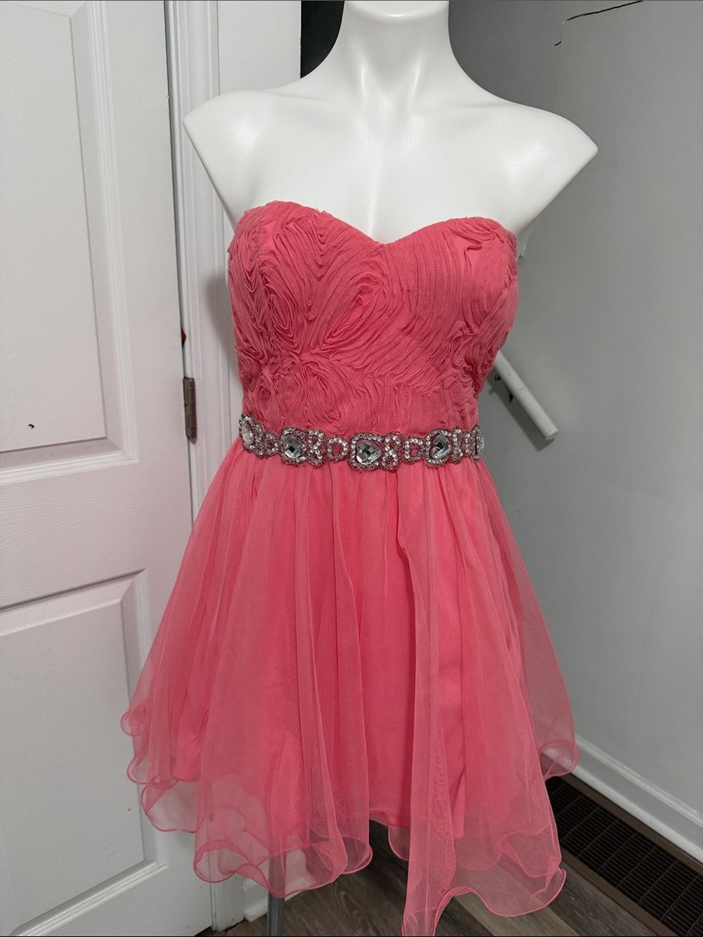 City Triangles Strapless Coral Pink Chiffon Homecoming Dress with Beaded Waist